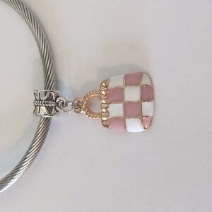Gold with Pink and White Checkered Purse Dangle Charm for Pandora Style Bracelet